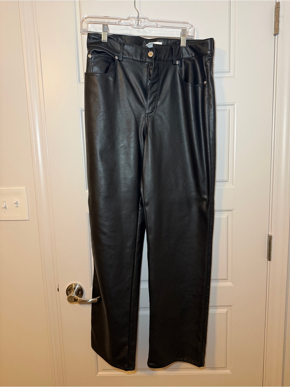 H&M Black Faux Leather Straight-Leg Jeans